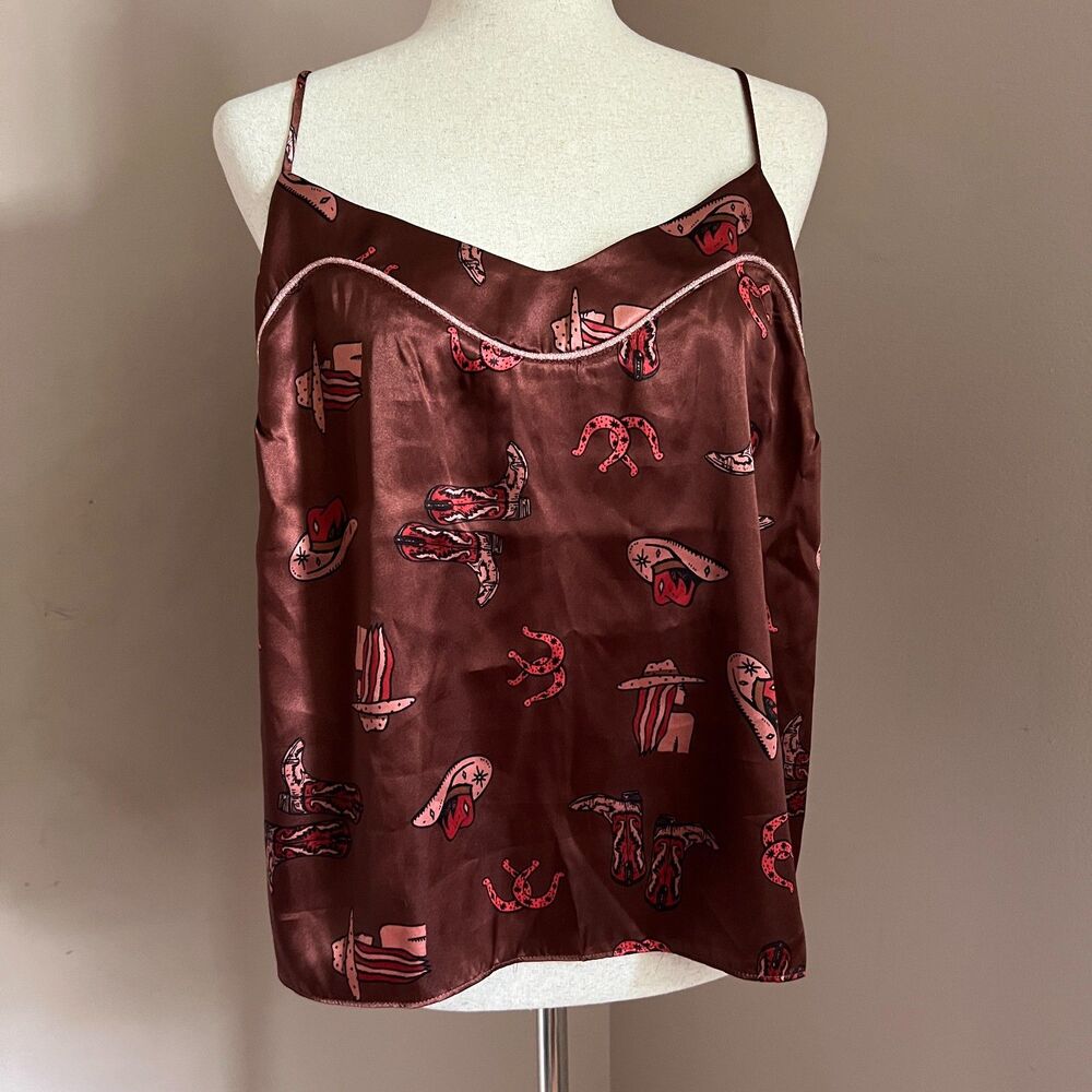 Midnight Bakery Y2K Western Print Satin Camisole Cowgirl Boots Rodeo Kitsch XL‎